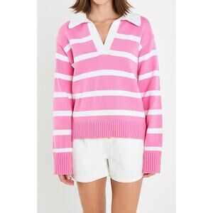 English Factory Striped Collared Pink Relaxed Fit Knit Sweater